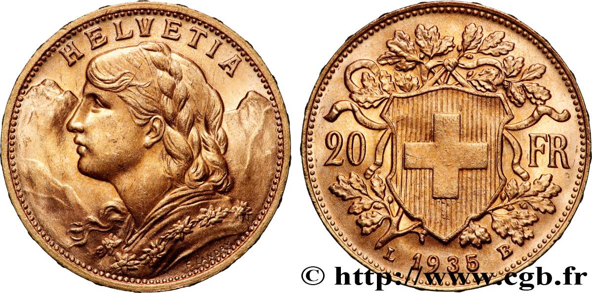 INVESTMENT GOLD 20 Francs  Vreneli  1935 Berne SC 