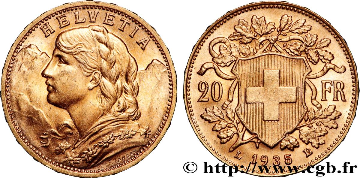 GOLD, PALLADIUM & PLATINUM INVESTMENT 20 Francs  Vreneli  1935 Berne MS 