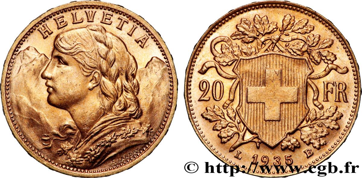 ORO, PALADIO Y PLATINO INVERSIÓN 20 Francs  Vreneli  1935 Berne SC 