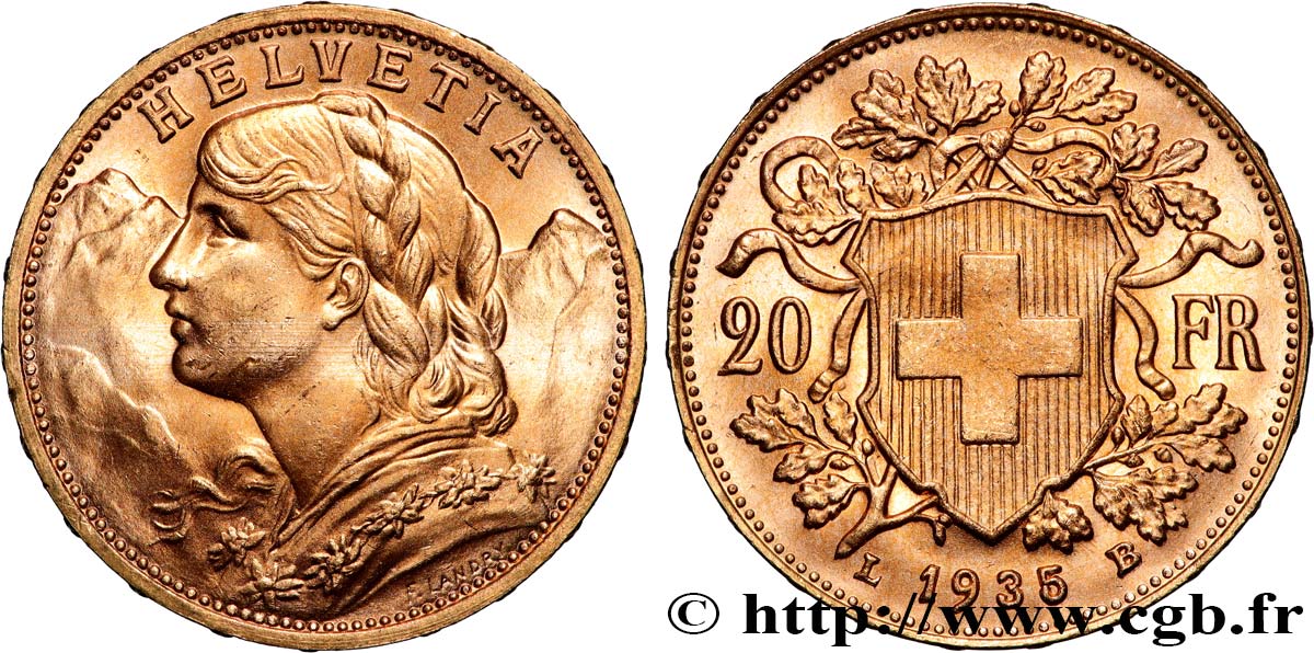 GOLD, PALLADIUM & PLATINUM INVESTMENT 20 Francs &nbsp;Vreneli&nbsp; 1935 Berne MS 