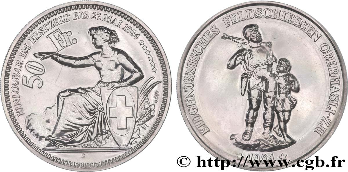 SUISSE Médaille de 50 francs, tir fédéral Oberhasli 1984  FDC 