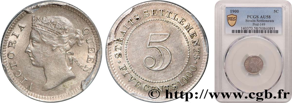 MALESIA - INSEDIAMENTI DELLO STRETTO 5 Cents Victoria 1900 Bombay SPL58 PCGS