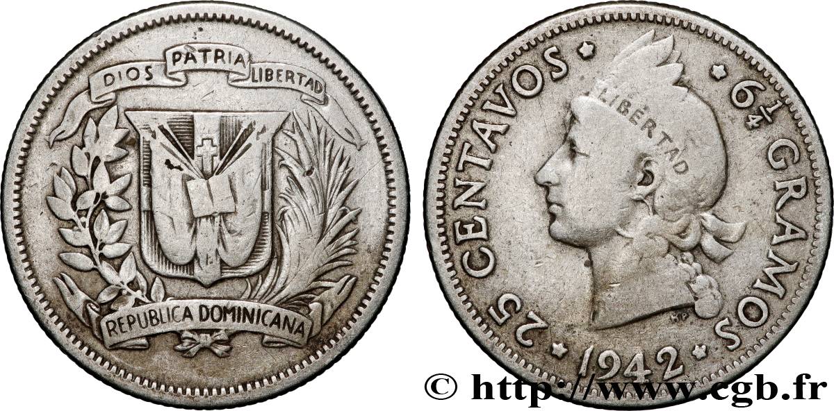 DOMINICAN REPUBLIC 25 Centavos 1942 Philadelphie VF 