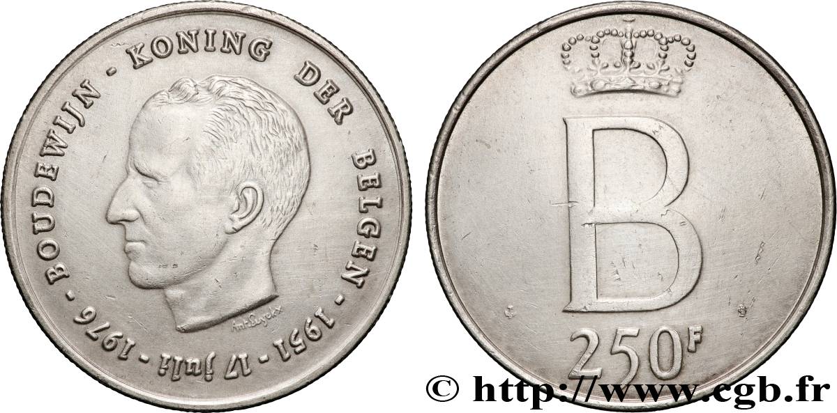 BELGIQUE 250 Francs jubilé d’argent du roi Baudouin légende flamande 1976 Bruxelles TTB+ 