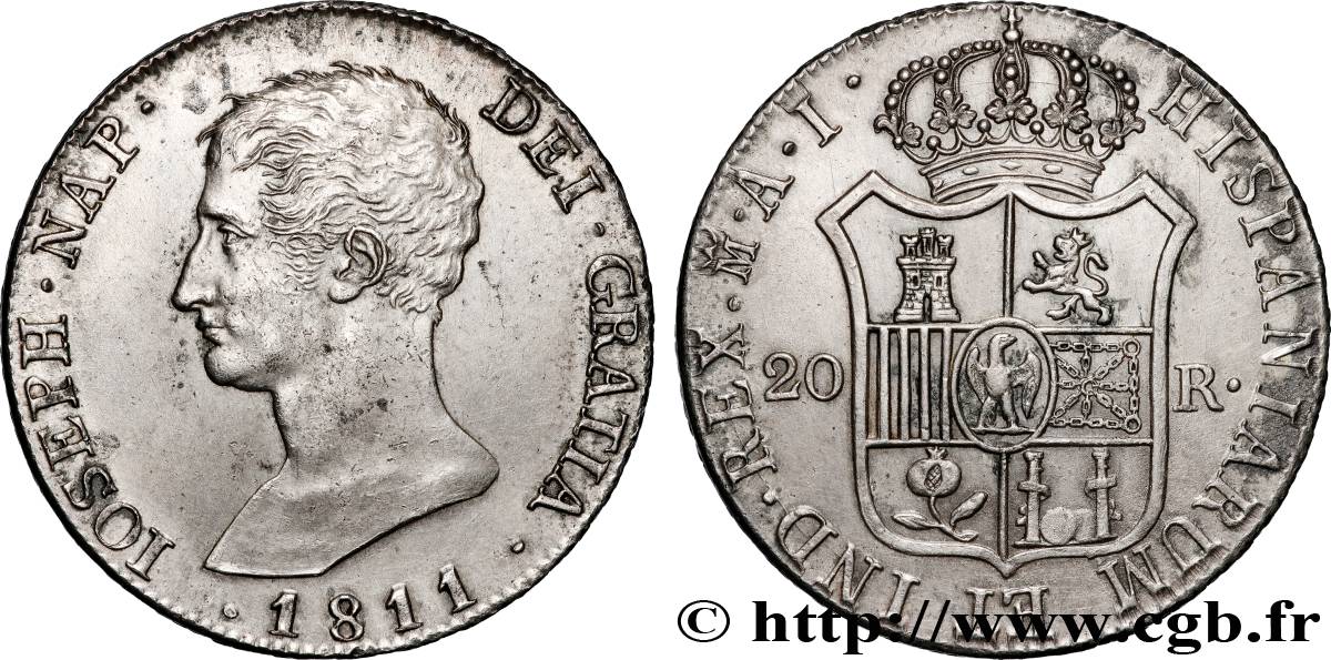 SPAIN - KINGDOM OF SPAIN - JOSEPH NAPOLEON 20 Reales ou 5 Pesetas 1811 Madrid AU 