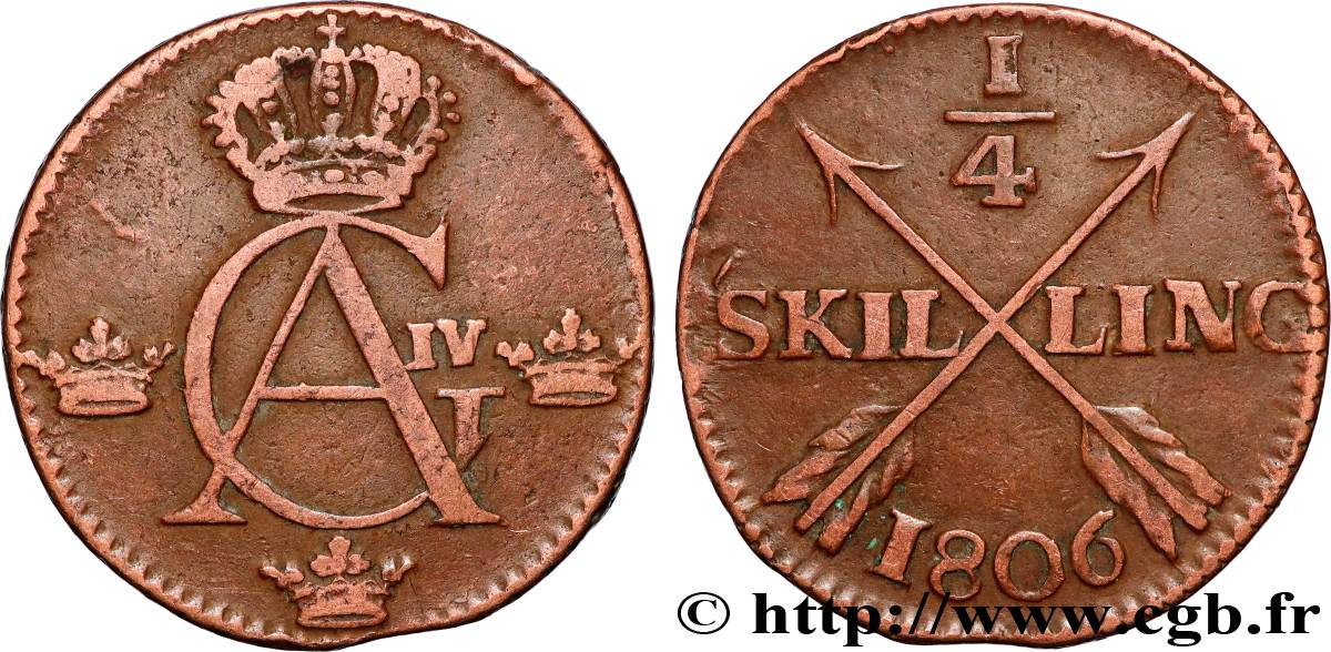 SUECIA 1/4 Skilling monogramme du roi Gustave IV Adolphe 1806  BC 