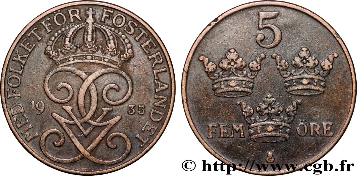 SVEZIA 5 Ore Gustave V 1935 Stockholm q.SPL 