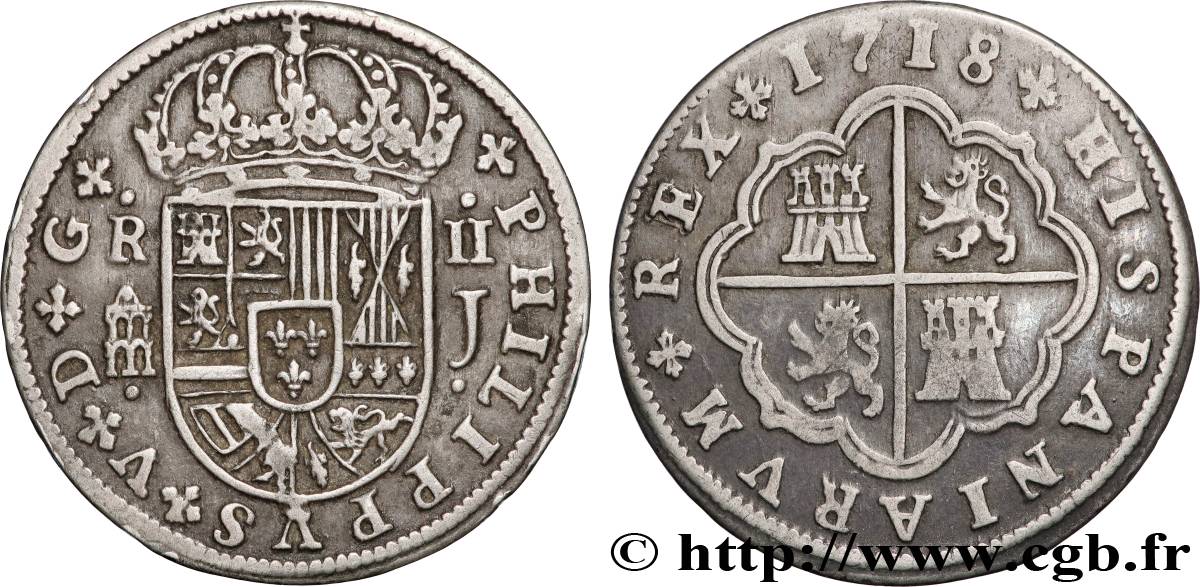 ESPAGNE 2 Reales frappe au nom de Philippe V 1718 Ségovie TTB+ 