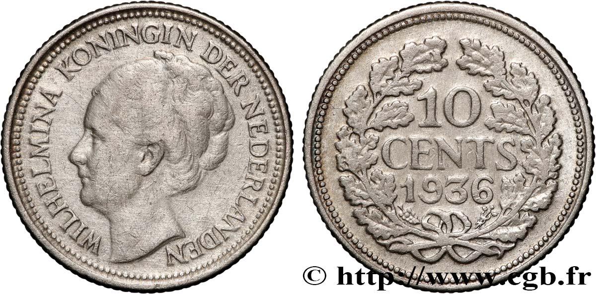 PAESI BASSI 10 Cents Reine Wilhelmine 1936 Utrecht BB 