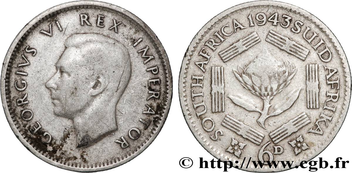 SOUTH AFRICA 6 Pence Georges VI 1943 Pretoria VF 