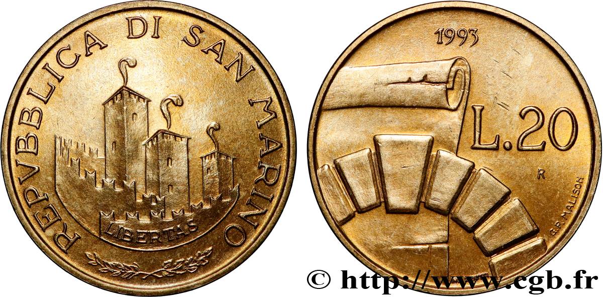 SAN MARINO 20 Lire vue des 3 chateaux 1993 Rome MS 