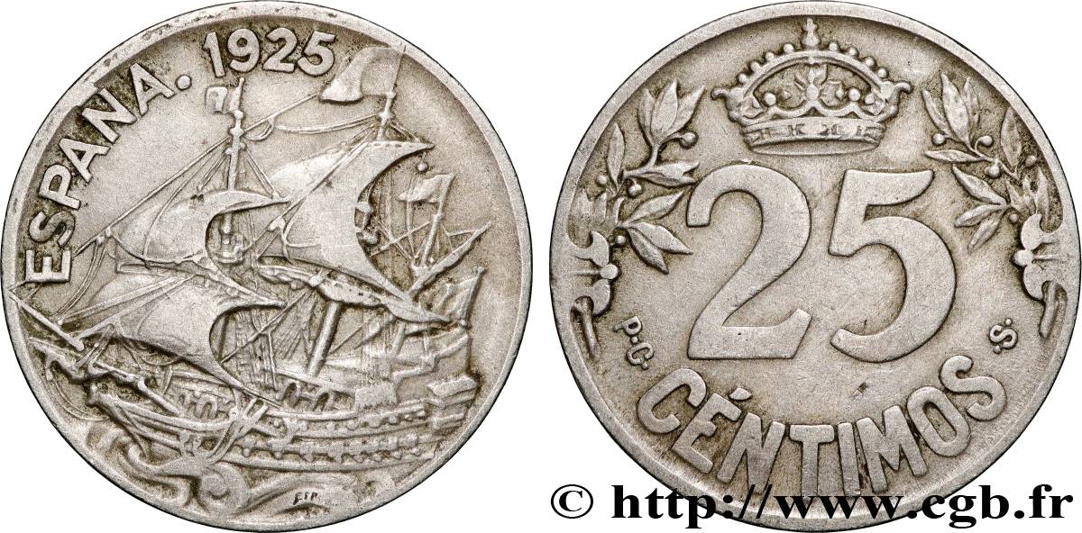 SPAIN 25 Centimos navire 1925  XF 