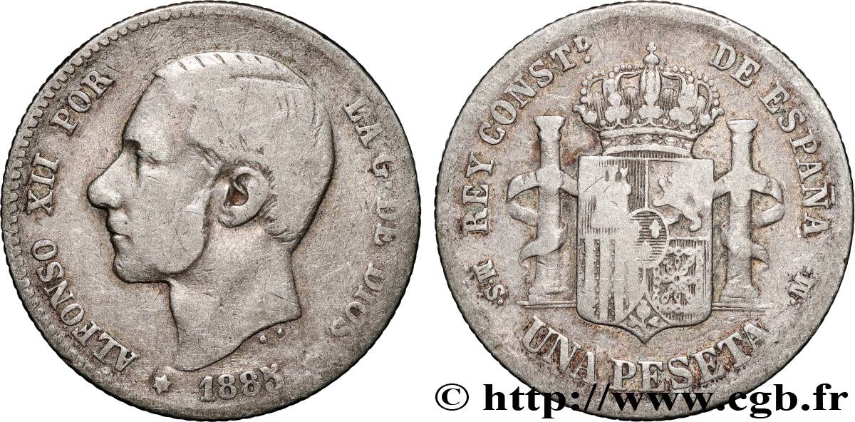 ESPAÑA 1 Peseta Alphonse XII (1887) 1885 Madrid BC+ 