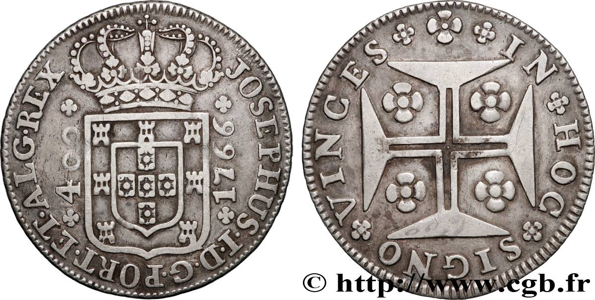 PORTUGAL 400 Réis Joseph Ier (José) écu couronné / croix 1766  TB+/TTB 