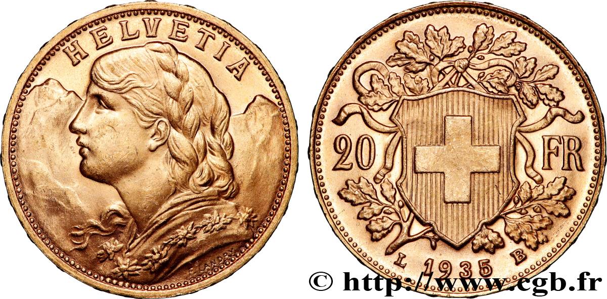 GOLD, PALLADIUM & PLATINUM INVESTMENT 20 Francs  Vreneli  1935 Berne MS 