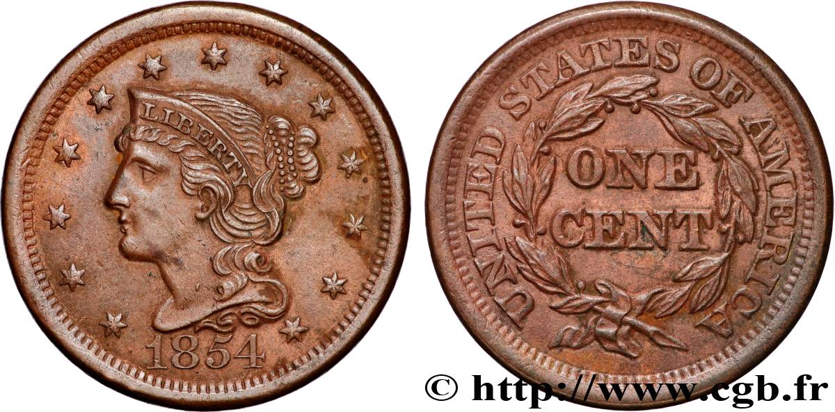 ÉTATS-UNIS D AMÉRIQUE 1 Cent Liberté “Braided Hair” 1854 Philadelphie TTB+ 