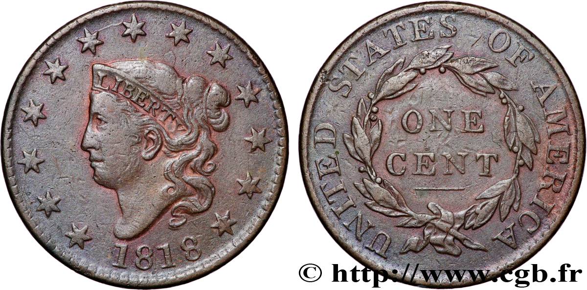 VEREINIGTE STAATEN VON AMERIKA 1 Cent “Matron Head” variété à 13 étoiles 1818 Philadelphie SS 