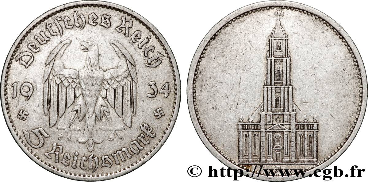 ALLEMAGNE 5 Reichsmark Église de la garnison de Potsdam 1934 Berlin TTB 