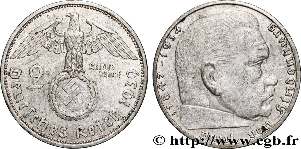 DEUTSCHLAND 2 Reichsmark Maréchal Paul von Hindenburg 1939 Berlin fVZ 