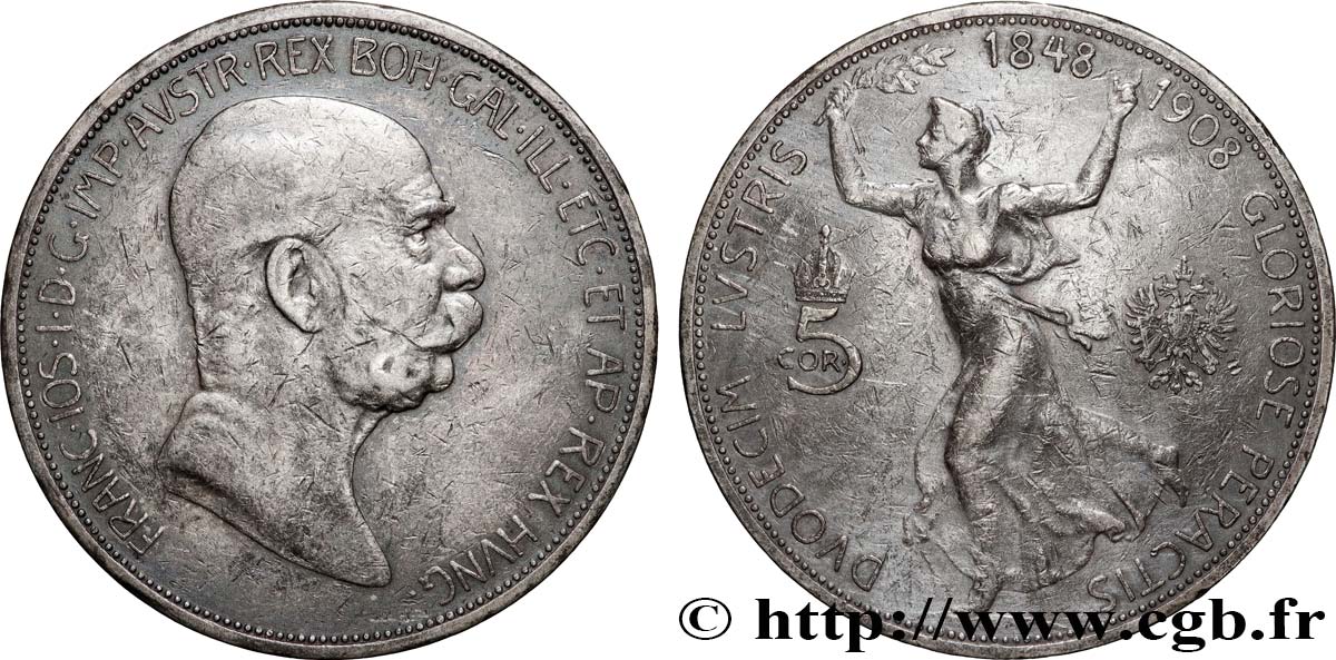 AUTRICHE 5 Corona 60e anniversaire du règne de François-Joseph Ier  1908  TTB 