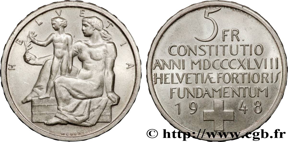 SUISSE 5 Francs centenaire de la constitution suisse 1948 Berne SUP 