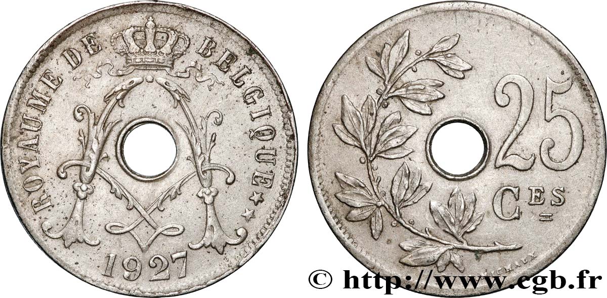 BELGIUM 25 Centimes Albert Ier 1927  XF 