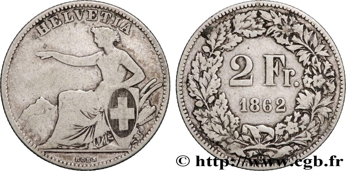 SUISSE 2 Francs Helvetia 1862 Berne TB 