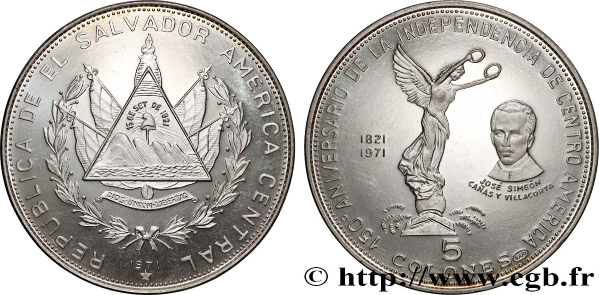 SALVADOR 5 Colones Proof 150e anniversaire de l’indépendance 1971 Vereinigte Deutsche Metall SPL 