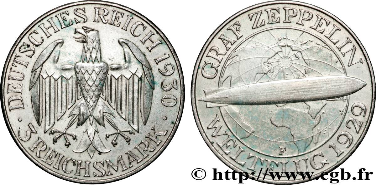 GERMANY 3 Reichsmark Graf Zeppelin 1930 Stuttgart XF 