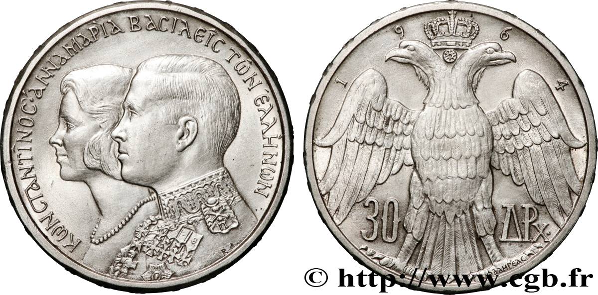 GRÈCE 30 Drachmes mariage royal 1964 Kongsberg, Norvège SUP 