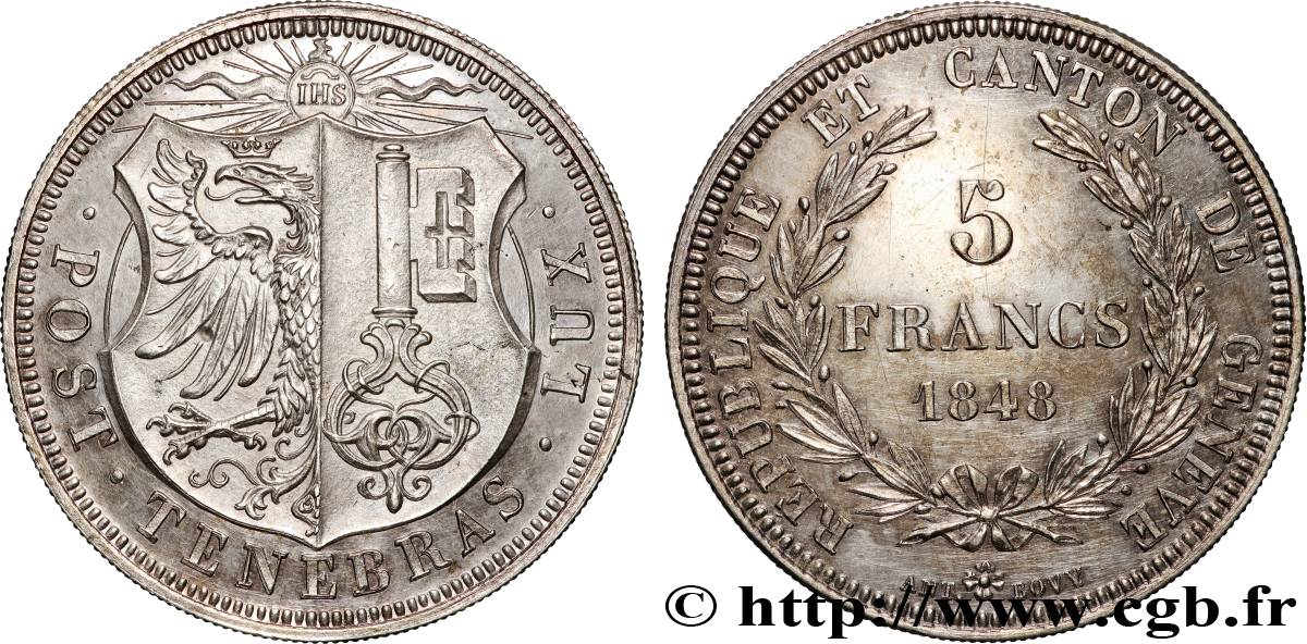 SUISSE - RÉPUBLIQUE DE GENÈVE 5 Francs 1848  SUP 