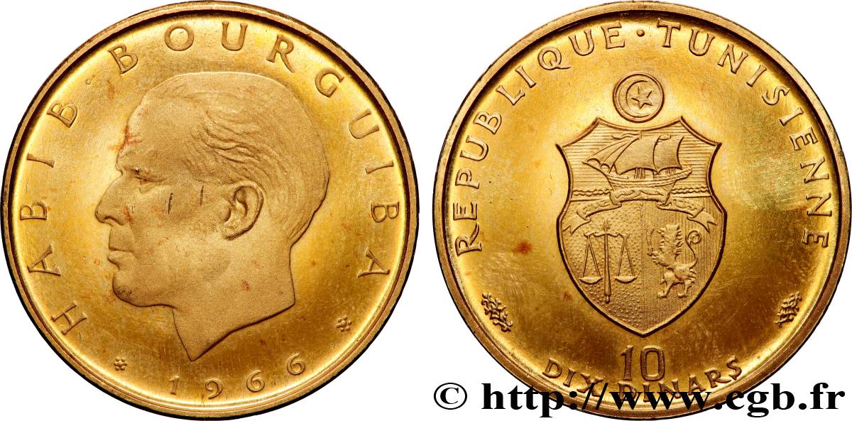 TUNESIEN 10 Dinars Proof Habib Bourguiba 1966 Paris fST 