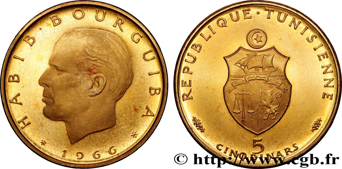 TUNISIA 5 Dinars Proof Habib Bourguiba 1966 Paris MS 