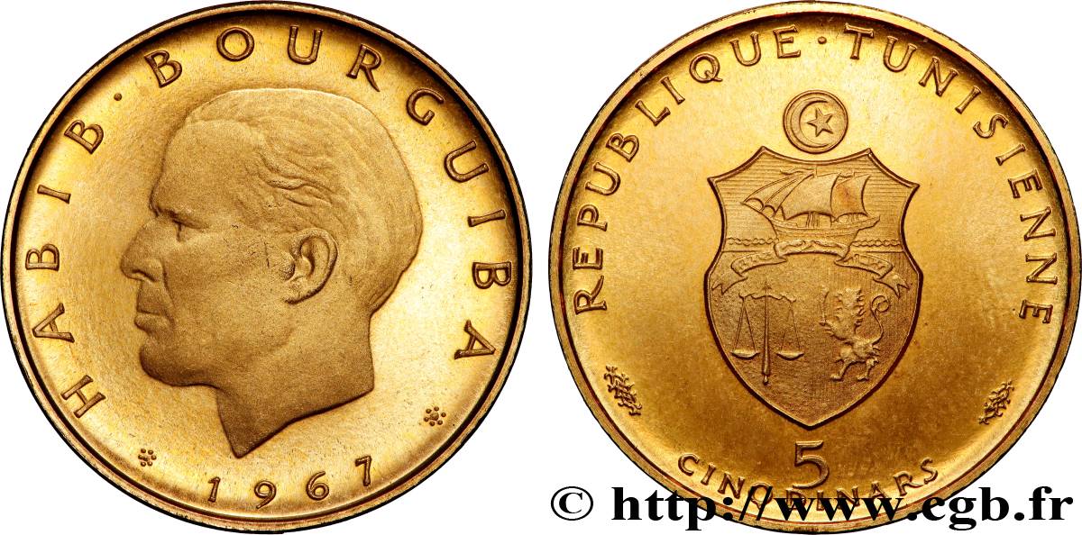 TUNESIEN 5 Dinars Proof Habib Bourguiba 1967 Paris fST 