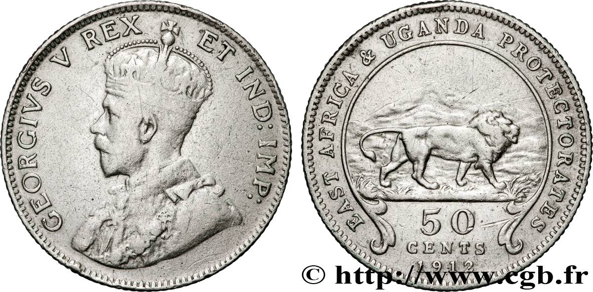 AFRIQUE DE L EST  ET OUGANDA - PROTECTORATS 50 Cents Georges V 1912 British Royal Mint TB+ 