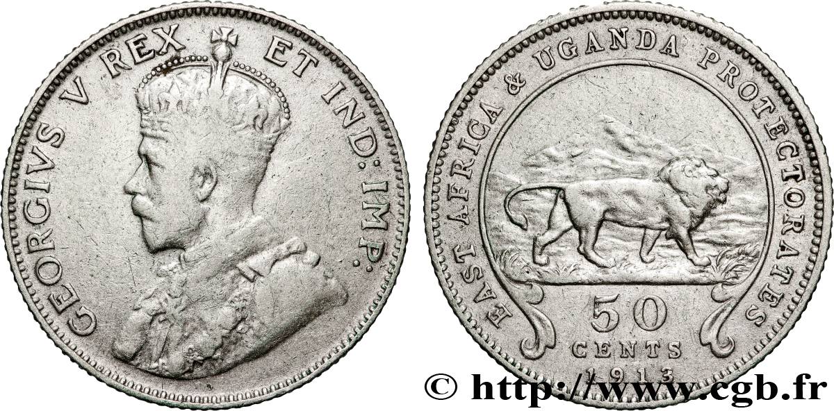 AFRIQUE DE L EST  ET OUGANDA - PROTECTORATS 50 Cents Georges V 1913 British Royal Mint TB+ 