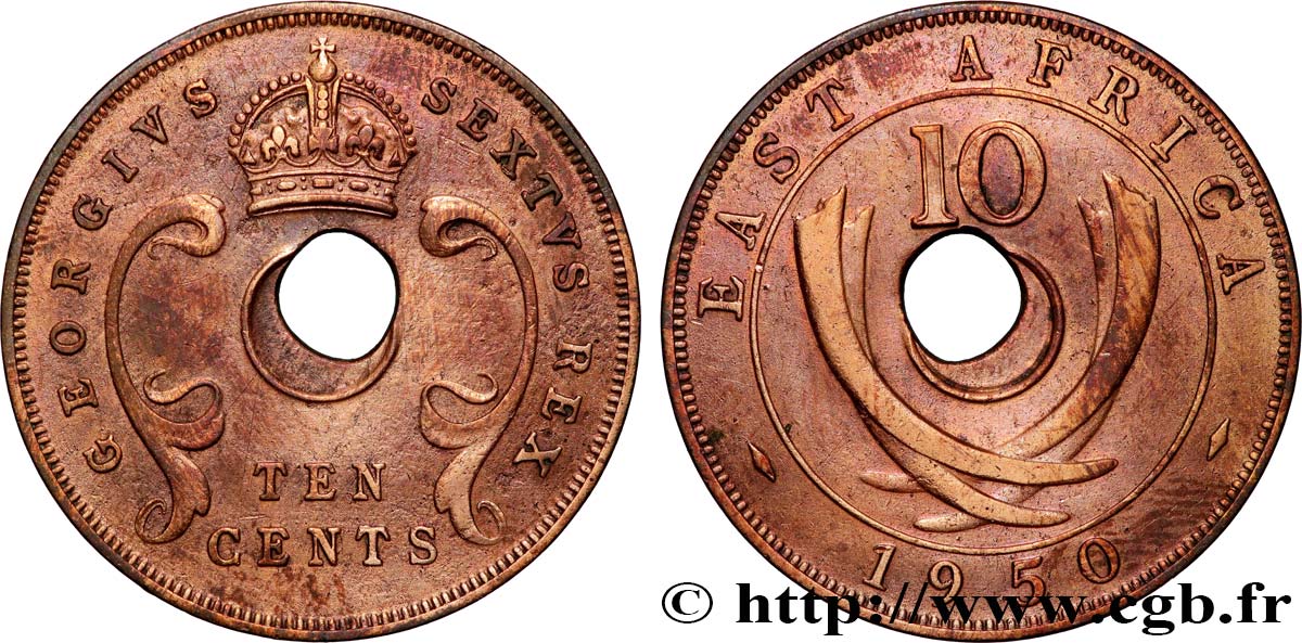 EAST AFRICA (BRITISH) 10 Cents frappe au nom de Georges VI, trou décentré 1950 Londres XF 