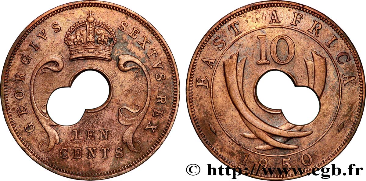 EAST AFRICA (BRITISH) 10 Cents frappe au nom de Georges VI, monnaie trouée deux fois 1950 Londres XF 