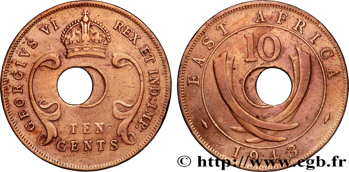 EAST AFRICA (BRITISH) 10 Cents (Georges VI), trou décentré 1943 South Africa - SA XF 