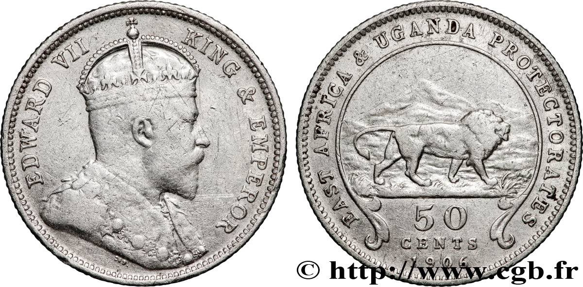 AFRIQUE DE L EST  ET OUGANDA - PROTECTORATS 50 Cents Edward VII 1906 British Royal Mint TB+ 