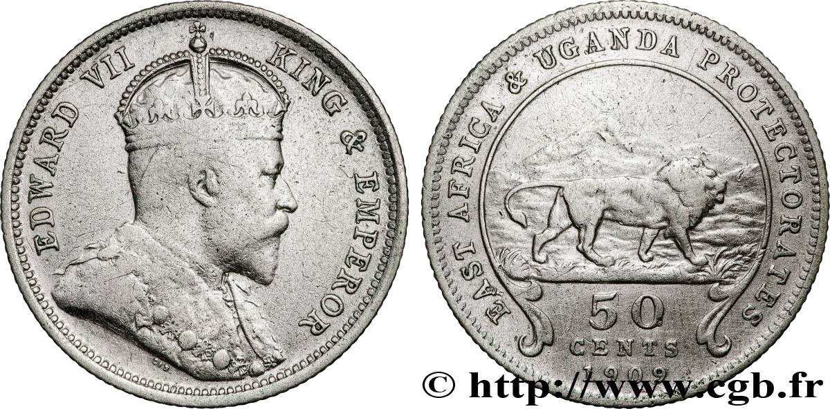 AFRIQUE DE L EST  ET OUGANDA - PROTECTORATS 50 Cents Edward VII 1909 British Royal Mint TB+ 