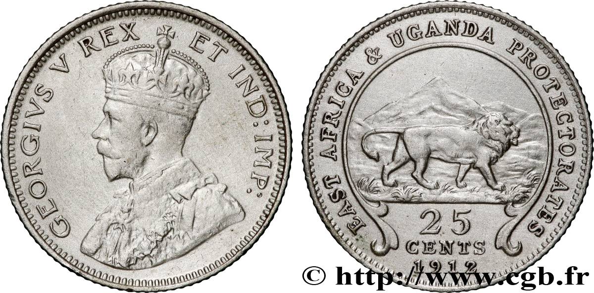 AFRIQUE DE L EST  ET OUGANDA - PROTECTORATS 25 Cents Georges V 1912 British Royal Mint TTB+ 