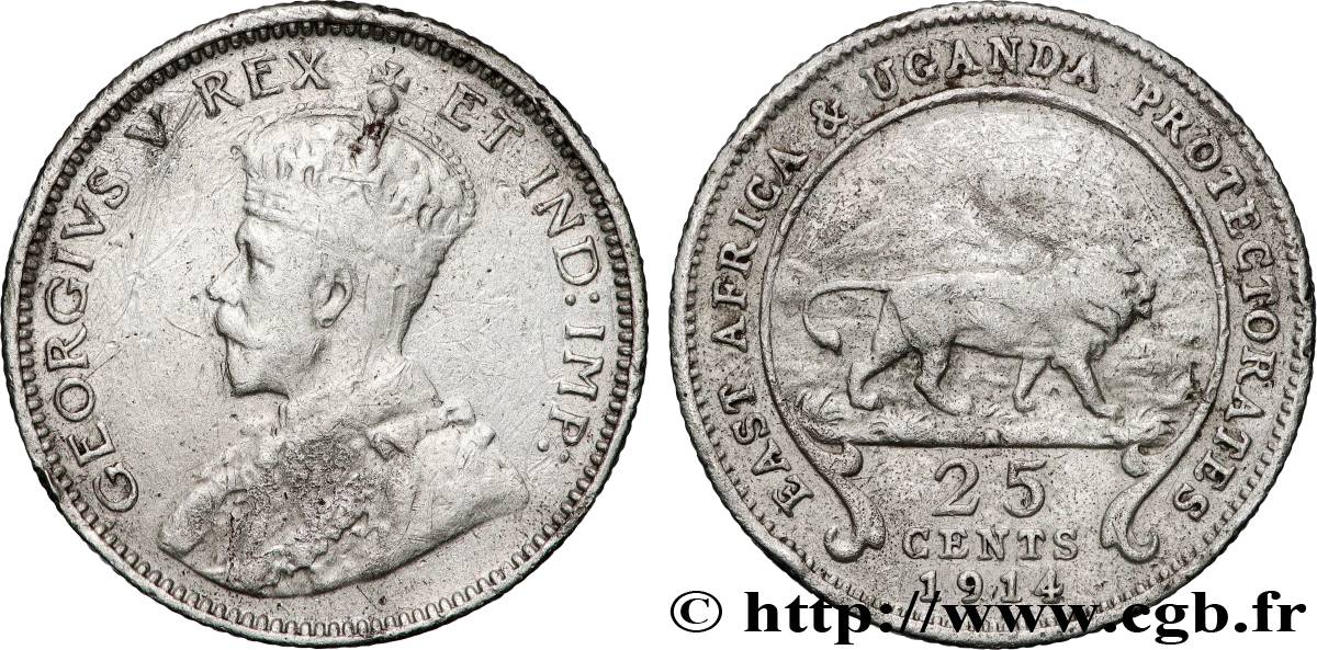 AFRIQUE DE L EST  ET OUGANDA - PROTECTORATS 25 Cents Georges V 1914 British Royal Mint TTB+ 