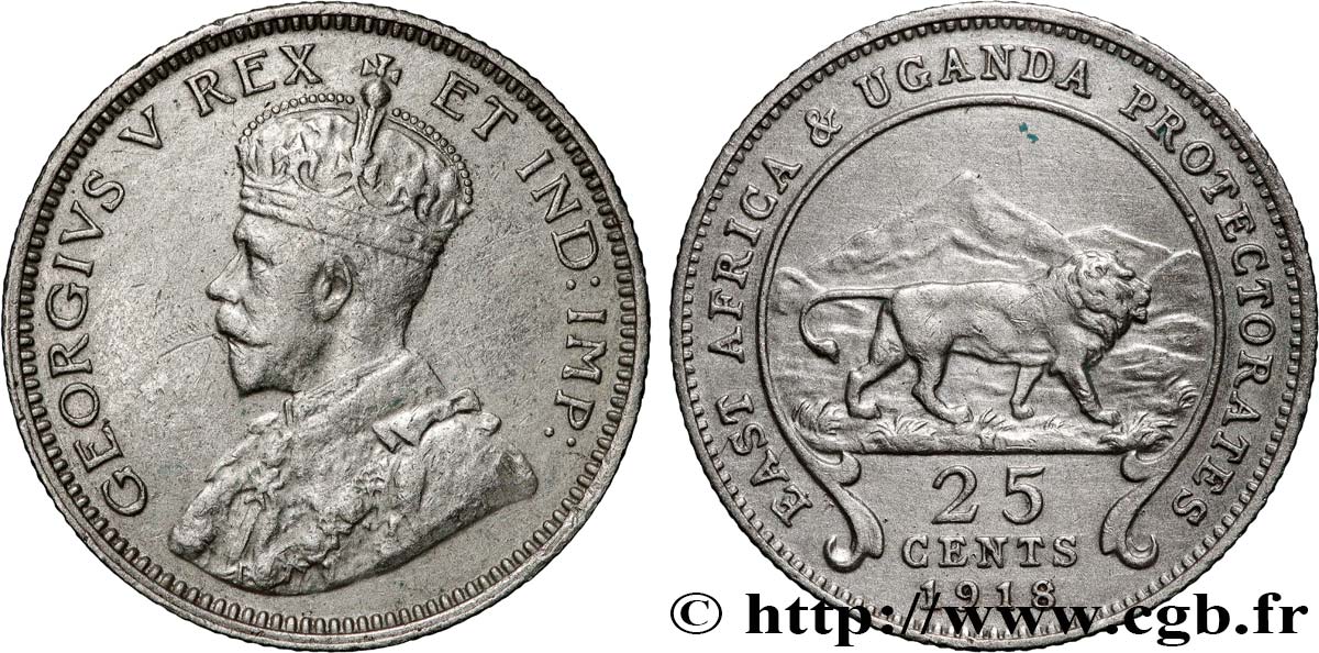 AFRIQUE DE L EST  ET OUGANDA - PROTECTORATS 25 Cents Georges V 1918 British Royal Mint TTB+ 