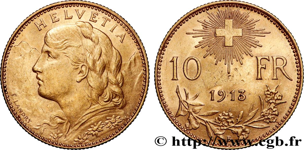 SUIZA 10 Francs or  Vreneli  1913 Berne MBC+ 