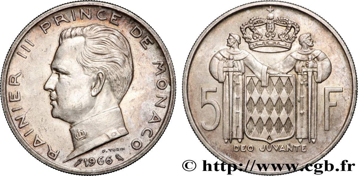 MONACO 5 Francs Prince Rainier III 1966 Paris AU 