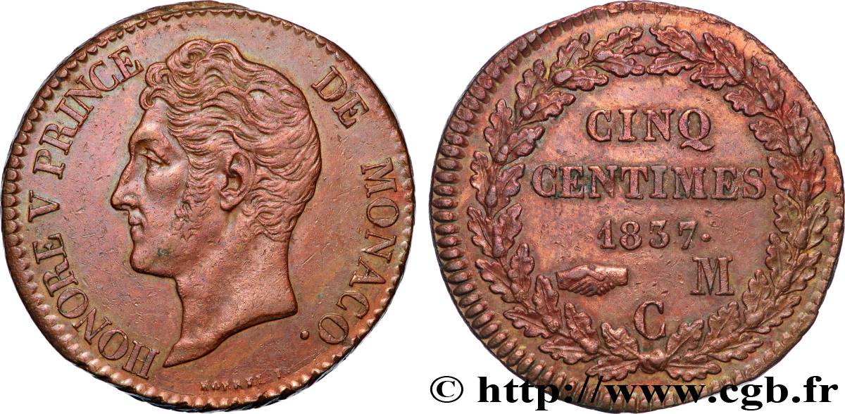 MONACO - HONORÉ V 5 Centimes petite tête en cuivre rouge 1837 Monaco BB 