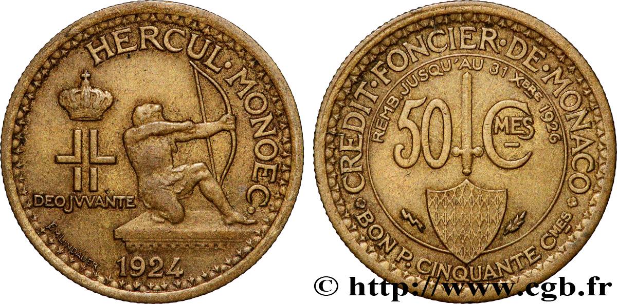 MONACO 50 Centimes émission du Crédit Foncier de Monaco 1924 Poissy XF 