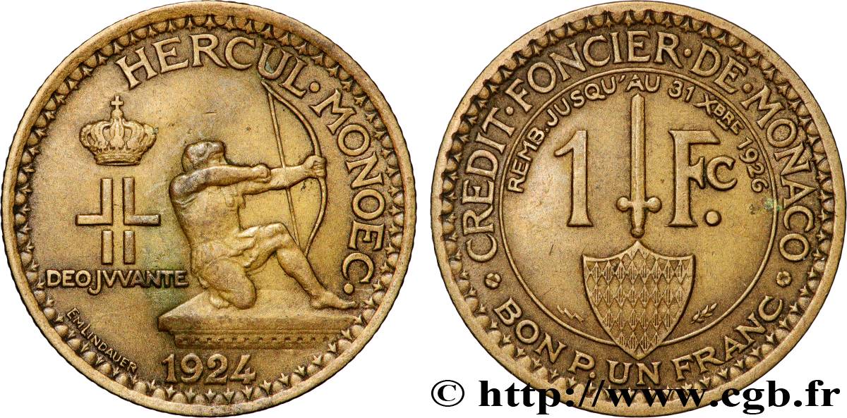 MONACO 1 Franc émission du Crédit Foncier de Monaco 1924 Poissy SS 