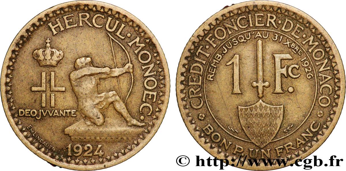 MONACO 1 Franc émission du Crédit Foncier de Monaco 1924 Poissy XF 